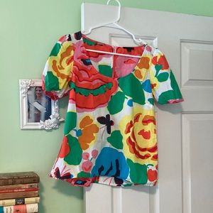 J. Crew reimagined bright colorful cotton blouse puff sleeve island graphic